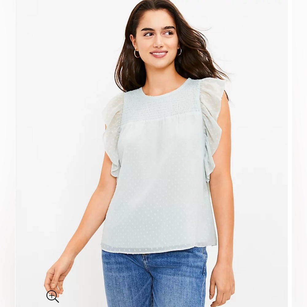 LOFT Clip dot smocked flutter sleeve top- BLACK